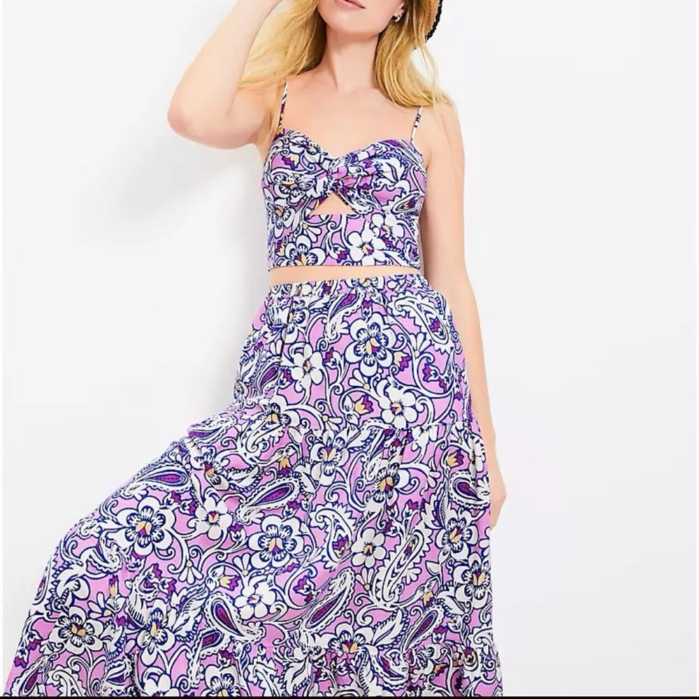 Loft Beach Linen purple paisley floral cutout cropped top & maxi skirt XS